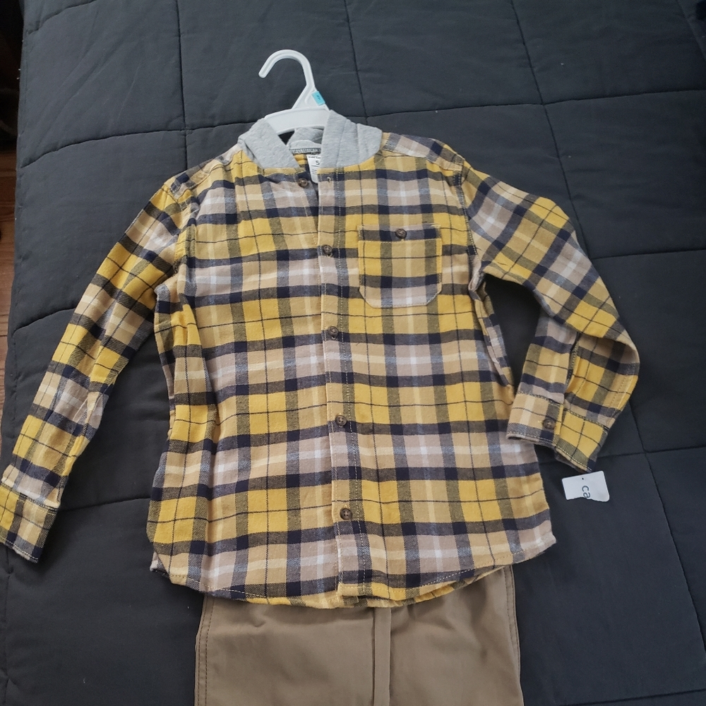 Boys plaid button down and khaki set with hoodie